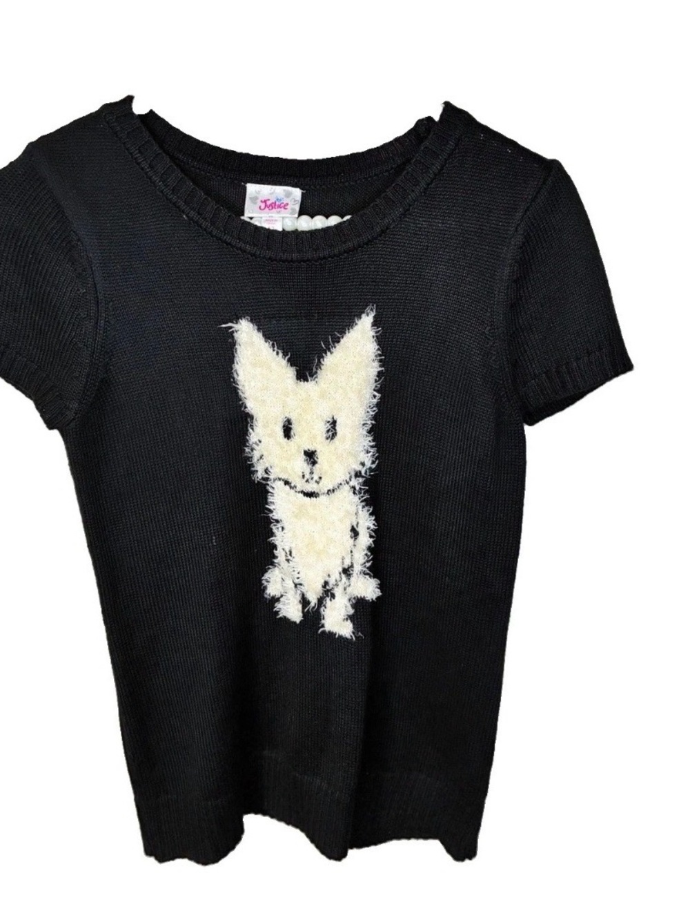 Justice Short Sleeve Sweater Girls 12 Black Good Fuzzy Dog Graphic Knit Top